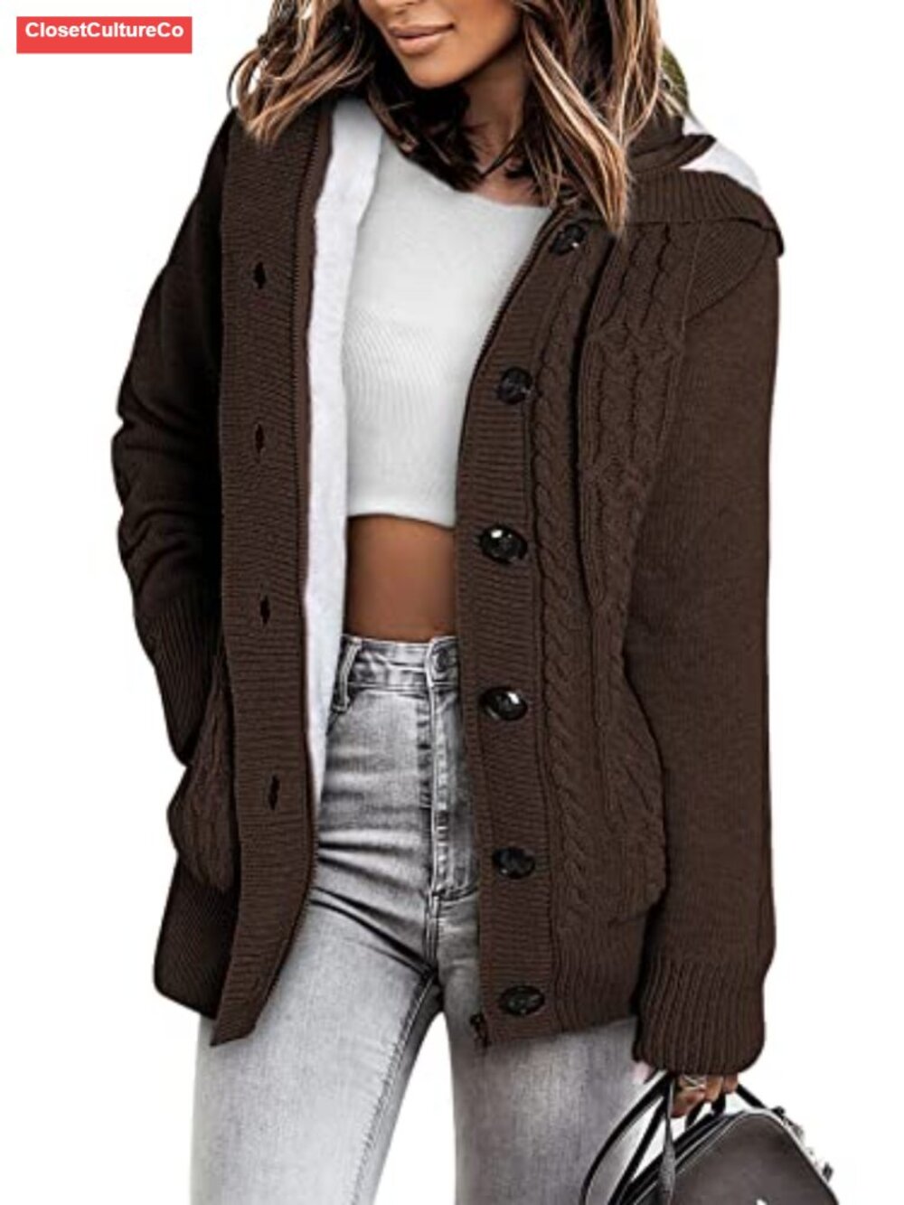 Hooded Fleece Lined Cardigan Sweater Zip Button Knit Winter Warm - Picture 1 of 6